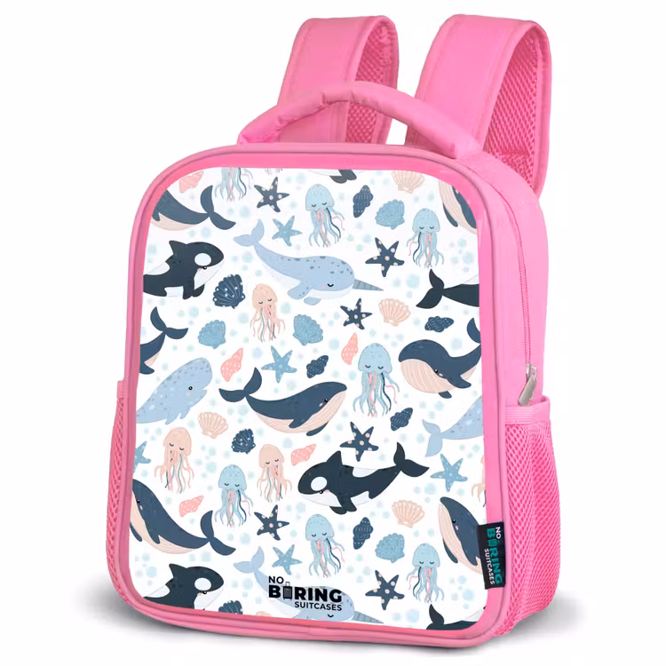 Kinderrugzak - Roze - Zeedierenpatroon met walvissen, kwallen en orka's — 6