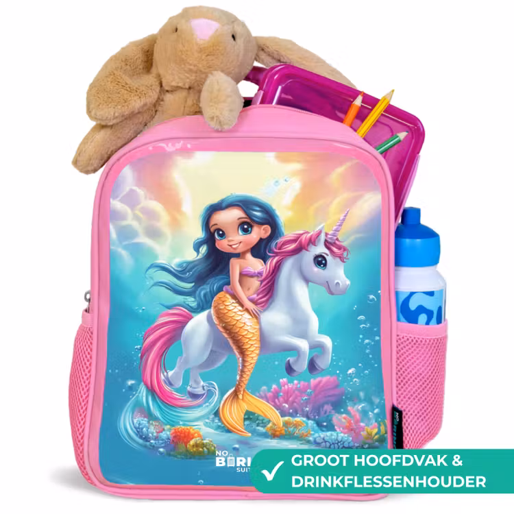 Kinderrugzak - Roze - Zeemeermin met gouden staart met een witte eenhoorn — 2