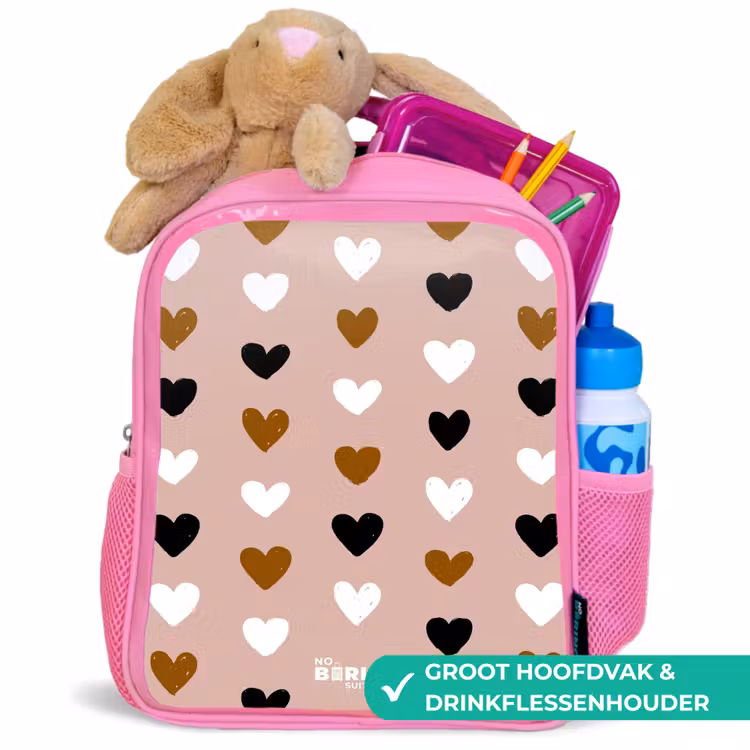 Kinderrugzak - Roze - Zwart, wit en bruin hartjespatroon op oudroze achtergrond — 2