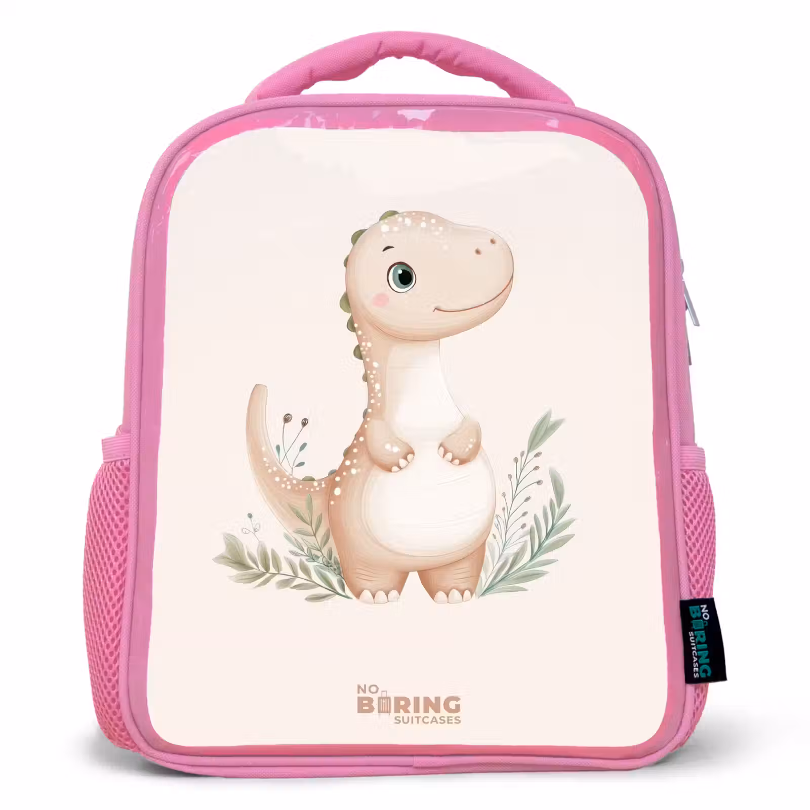 Kinderrugzak - Roze - Beige dinosaurus met groene blaadjes — 1