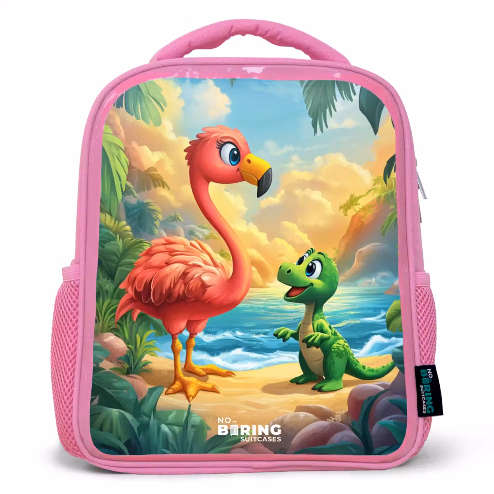 Kinderrugzak - Roze - Flamingo en dinosaurus op strand bij ondergaande zon — 1