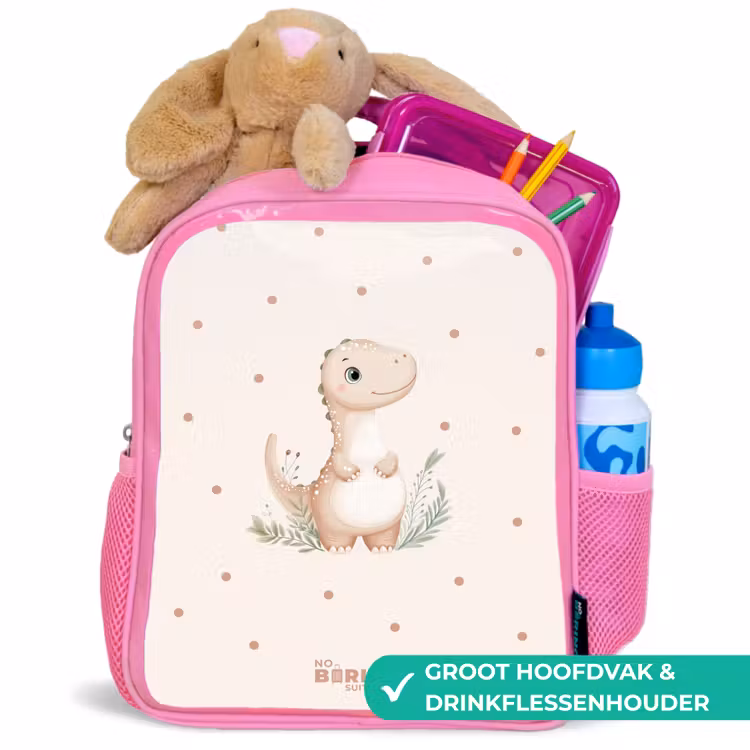 Kinderrugzak - Roze - Beige dino op een stippen achtergrond — 2