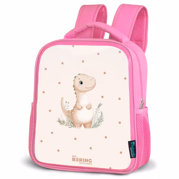 Kinderrugzak - Roze - Beige dino op een stippen achtergrond — 6