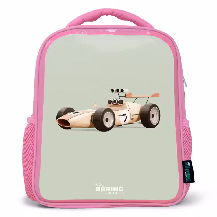 Kinderrugzak - Roze - Beige retro raceauto op groen achtergrond — 1