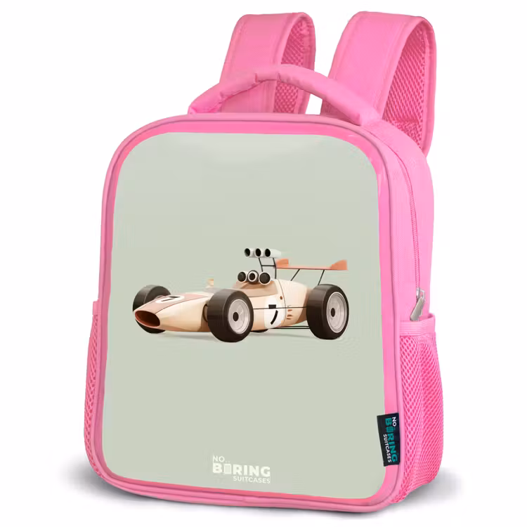 Kinderrugzak - Roze - Beige retro raceauto op groen achtergrond — 6