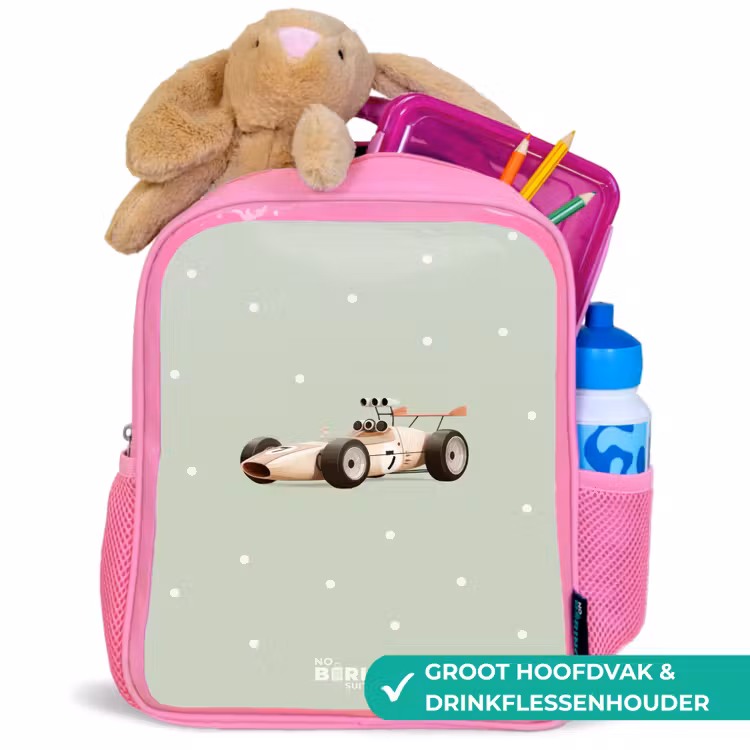 Kinderrugzak - Roze - Beige retro raceauto op groene stippen achtergrond — 2