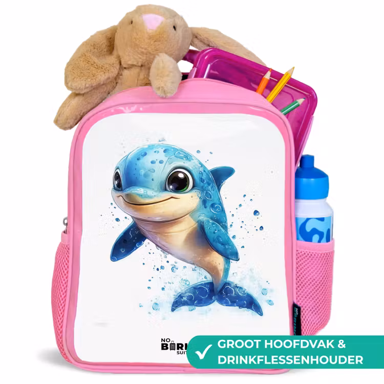 Kinderrugzak - Roze - Blije dolfijn met waterdruppels op wit — 2
