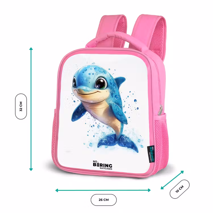 Kinderrugzak - Roze - Blije dolfijn met waterdruppels op wit — 3