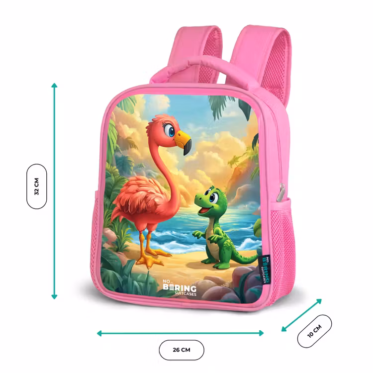 Kinderrugzak - Roze - Flamingo en dinosaurus op strand bij ondergaande zon — 3