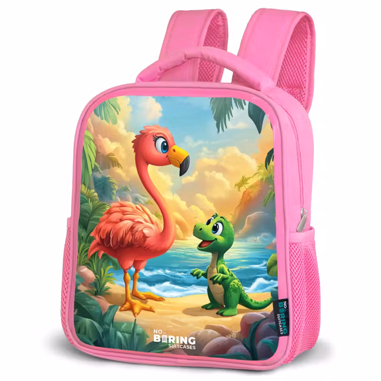 Kinderrugzak - Roze - Flamingo en dinosaurus op strand bij ondergaande zon — 6