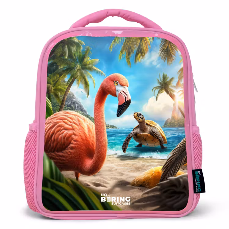 Kinderrugzak - Roze - Flamingo en schildpad op tropisch strand — 1