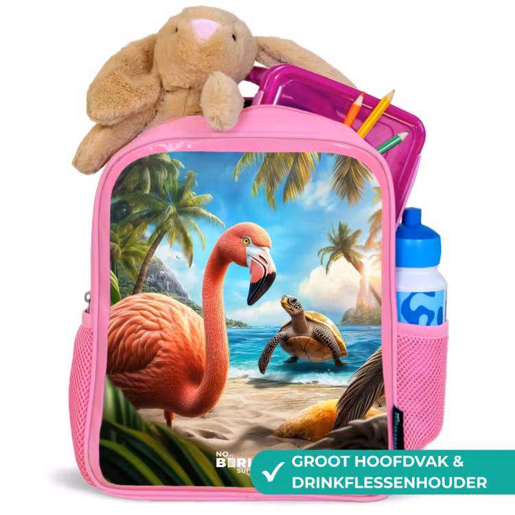 Kinderrugzak - Roze - Flamingo en schildpad op tropisch strand — 2