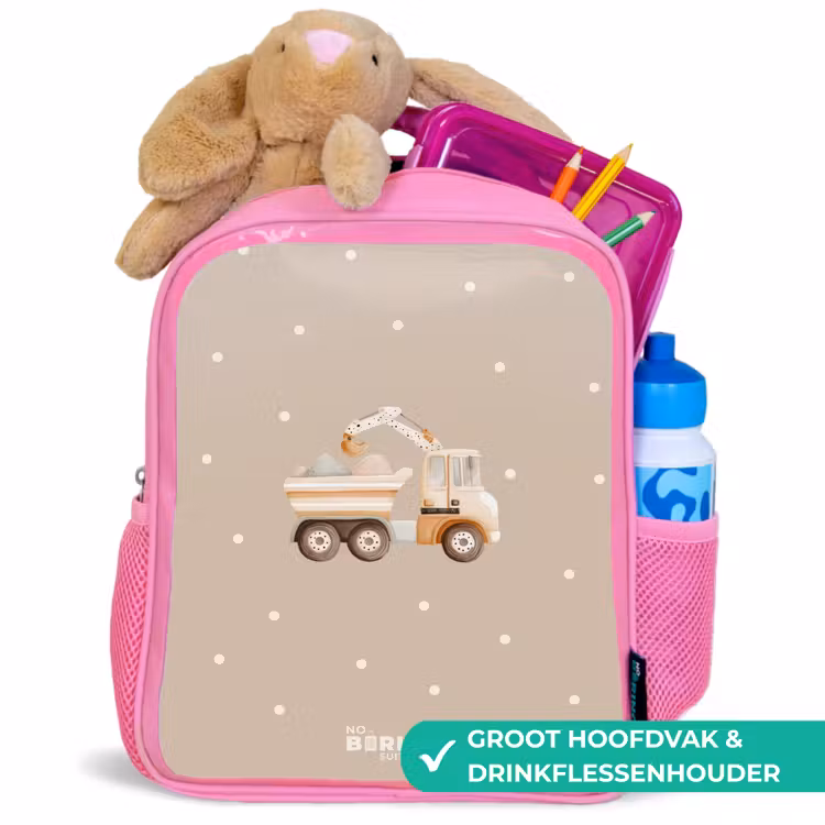 Kinderrugzak - Roze - Gele kiepwagen met stenen en stippenpatroon β 2
