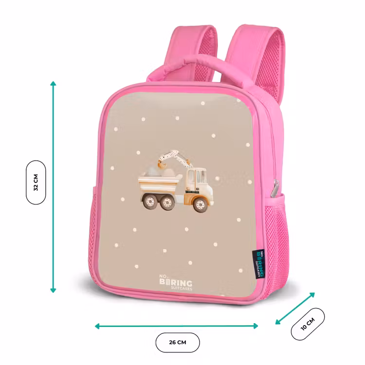 Kinderrugzak - Roze - Gele kiepwagen met stenen en stippenpatroon β 3