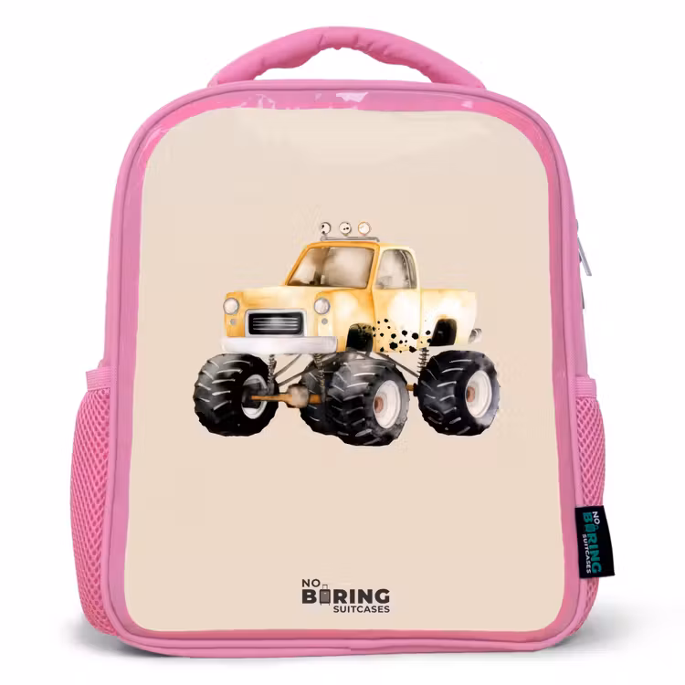 Kinderrugzak - Roze - Gele monstertruck op een beige achtergrond — 1