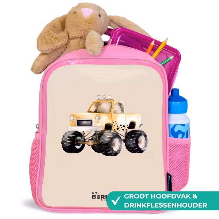 Kinderrugzak - Roze - Gele monstertruck op een beige achtergrond — 2