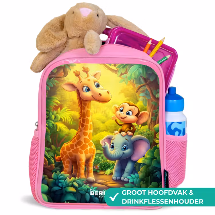 Kinderrugzak - Roze - Giraf, olifant en aapje in het bos — 2
