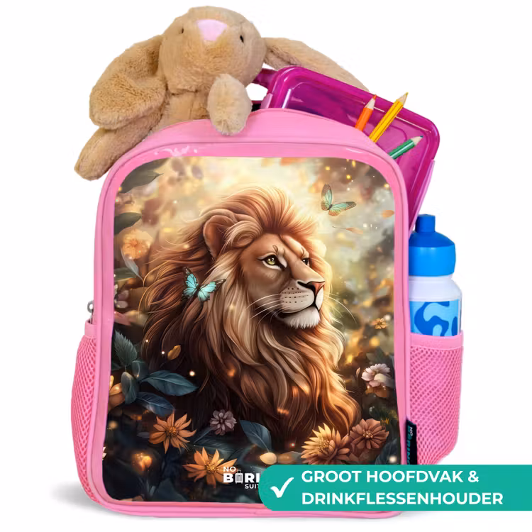 Kinderrugzak - Roze - Leeuw met vlinders in bloemrijke jungle — 2