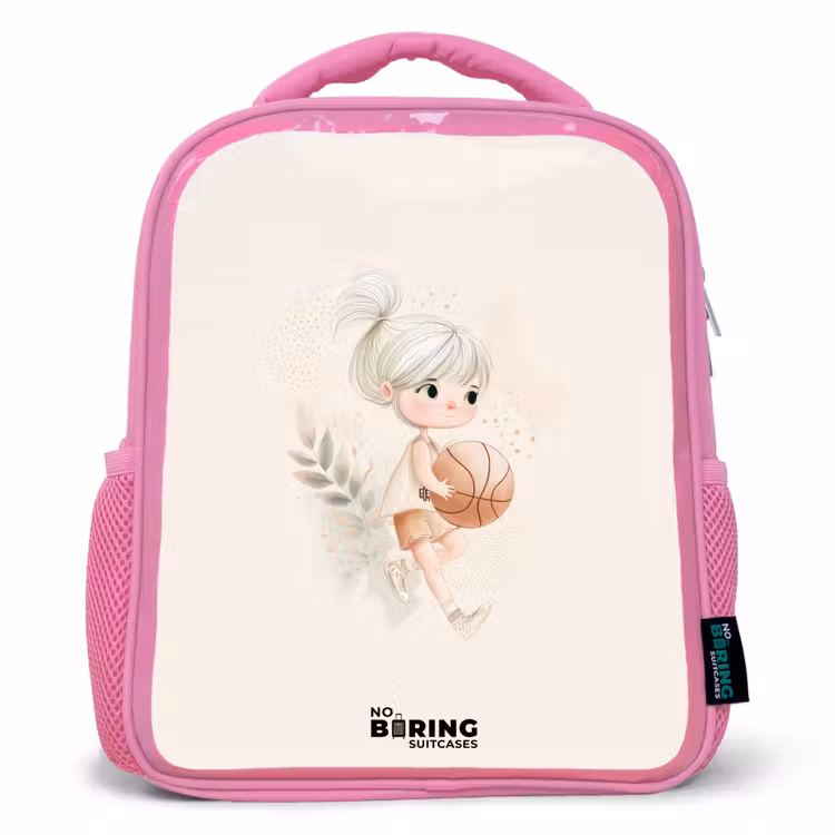Kinderrugzak - Roze - Meisje met een basketbal in neutrale kleuren. — 1