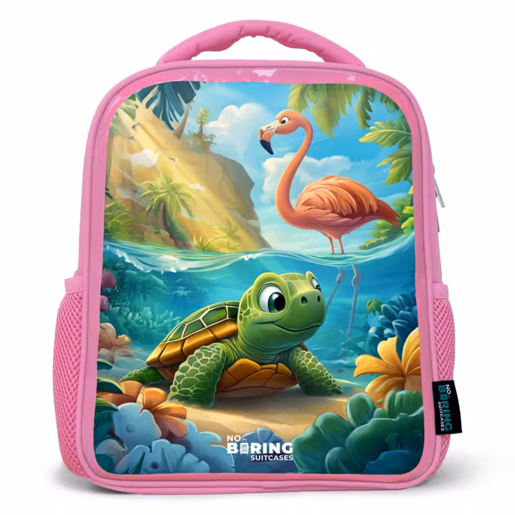 Kinderrugzak - Roze - Schildpad in tropisch water met flamingo — 1