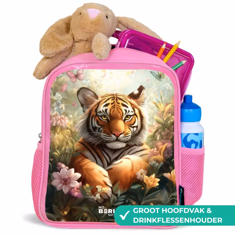 Kinderrugzak - Roze - Tijger in bloemenveld met vlinders en zonlicht — 2