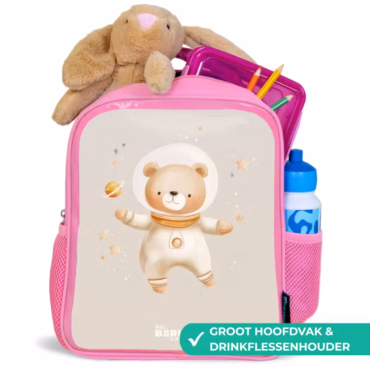 Kinderrugzak - Roze - Beige ruimtebeer zweeft tussen sterren — 2