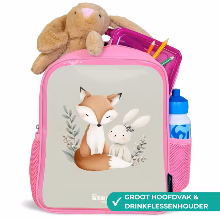 Kinderrugzak - Roze - Vos en konijn omringd door groene blaadjes — 2