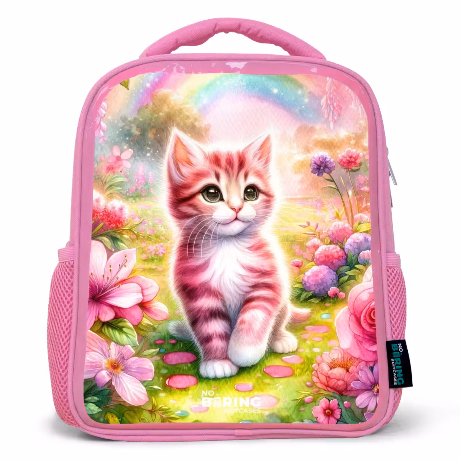 Kinderrugzak - Roze - Kitten met regenboog en bloemen — 1