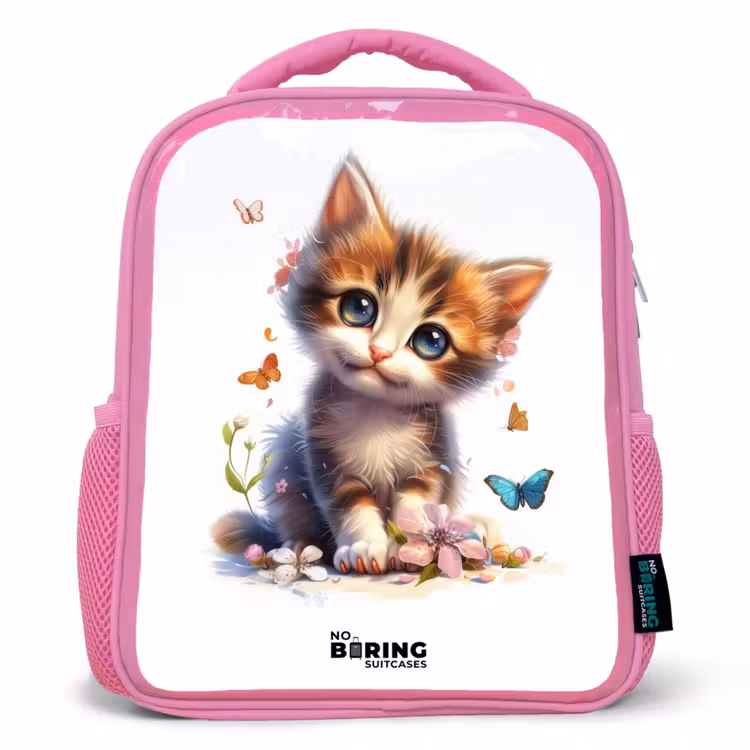 Kinderrugzak - Roze - Portret van een kitten omringd door vlinders — 1