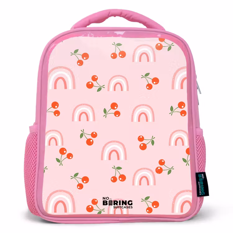 Kinderrugzak - Roze - Roze met regenboog en kersen patroon — 1