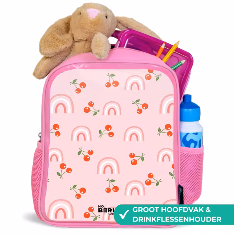 Kinderrugzak - Roze - Roze met regenboog en kersen patroon — 2