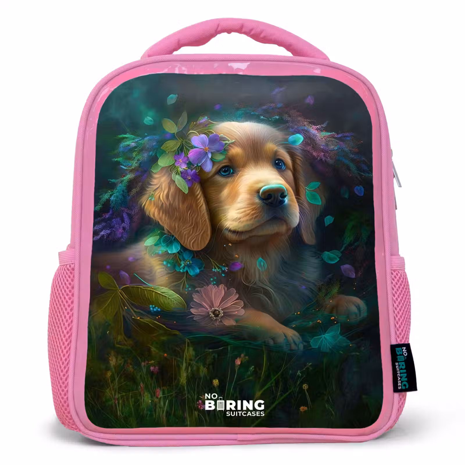 Kinderrugzak - Roze - Bruine hond tussen de bloemen — 1