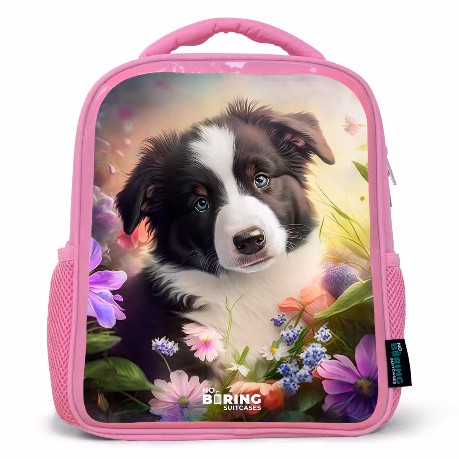 Kinderrugzak - Roze - Hond met blauwe ogen in een veld — 1