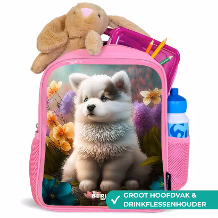 Kinderrugzak - Roze - Witte puppy in een bloemenweide — 2