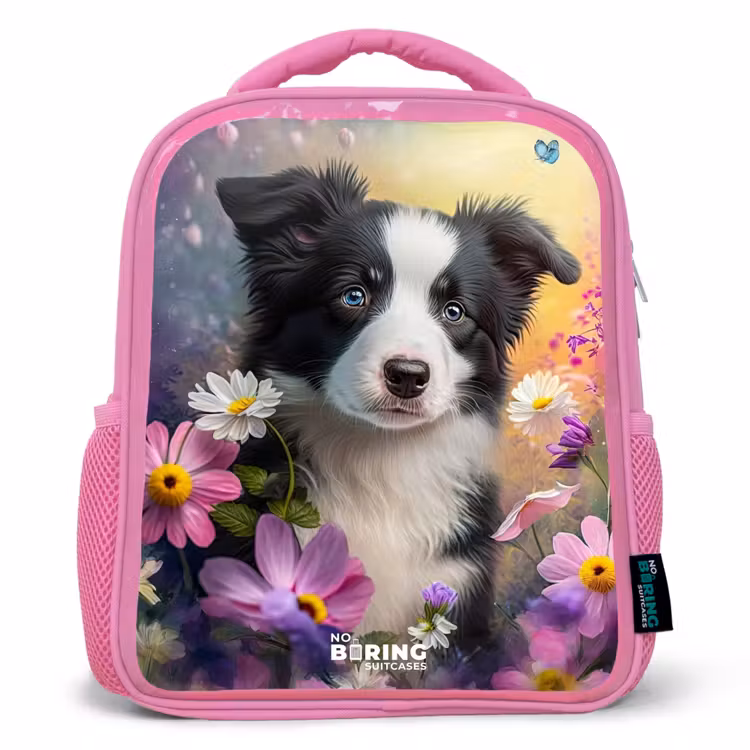 Kinderrugzak - Roze - zwart witte puppy tussen kleurrijke bloemen — 1