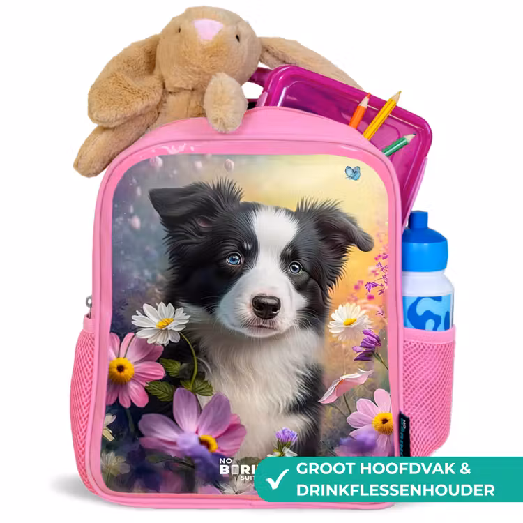 Kinderrugzak - Roze - zwart witte puppy tussen kleurrijke bloemen — 2