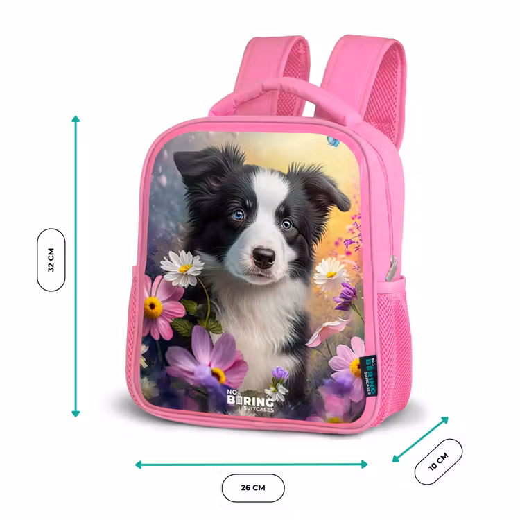 Kinderrugzak - Roze - zwart witte puppy tussen kleurrijke bloemen — 3