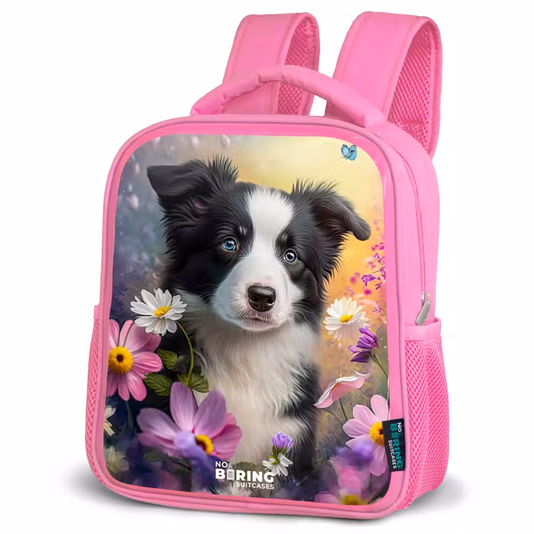 Kinderrugzak - Roze - zwart witte puppy tussen kleurrijke bloemen — 6