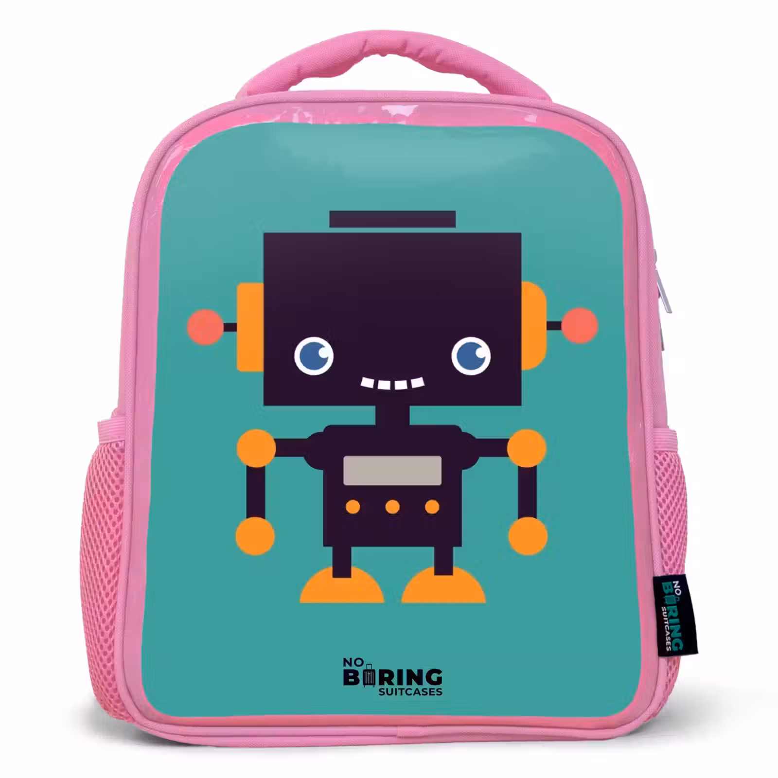 Kinderrugzak - Roze - Zwarte robot met oranje accenten op een blauwe achtergrond — 1