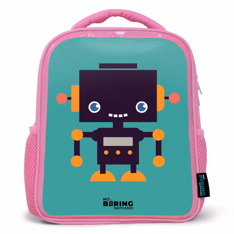Kinderrugzak - Roze - Zwarte robot met oranje accenten op een blauwe achtergrond — 1
