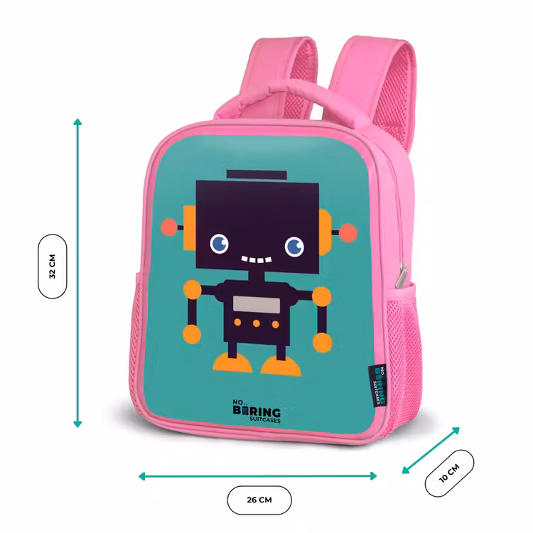 Kinderrugzak - Roze - Zwarte robot met oranje accenten op een blauwe achtergrond — 3