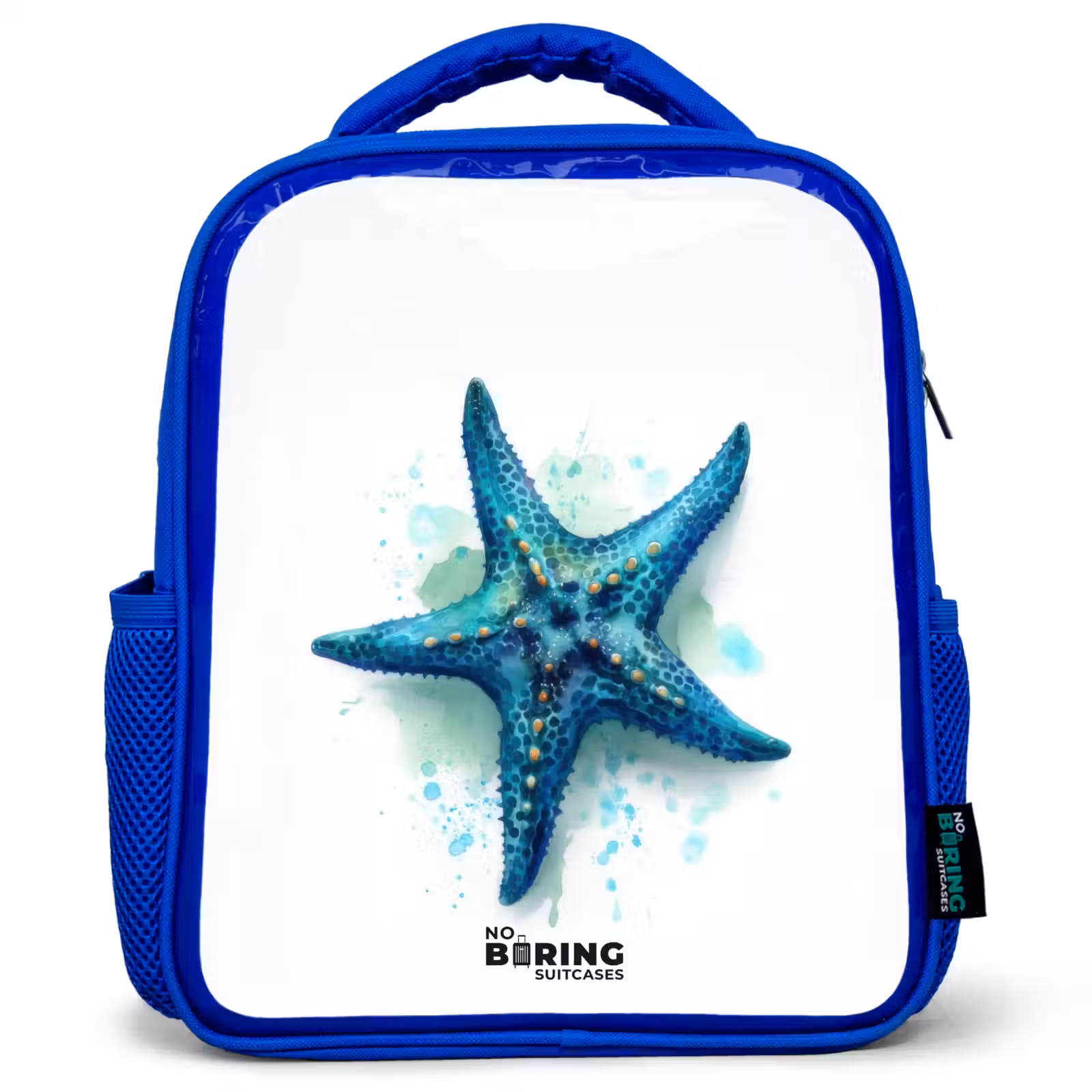 Kinderrugzak met naam - Blauw - Blauwe Zeester op Witte Achtergrond — 1