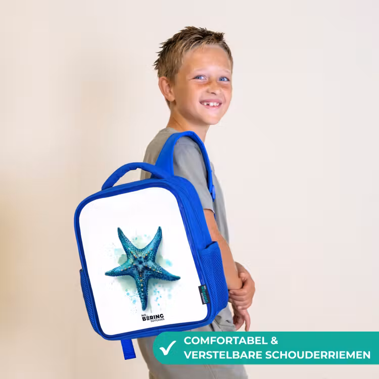 Kinderrugzak met naam - Blauw - Blauwe Zeester op Witte Achtergrond — 4