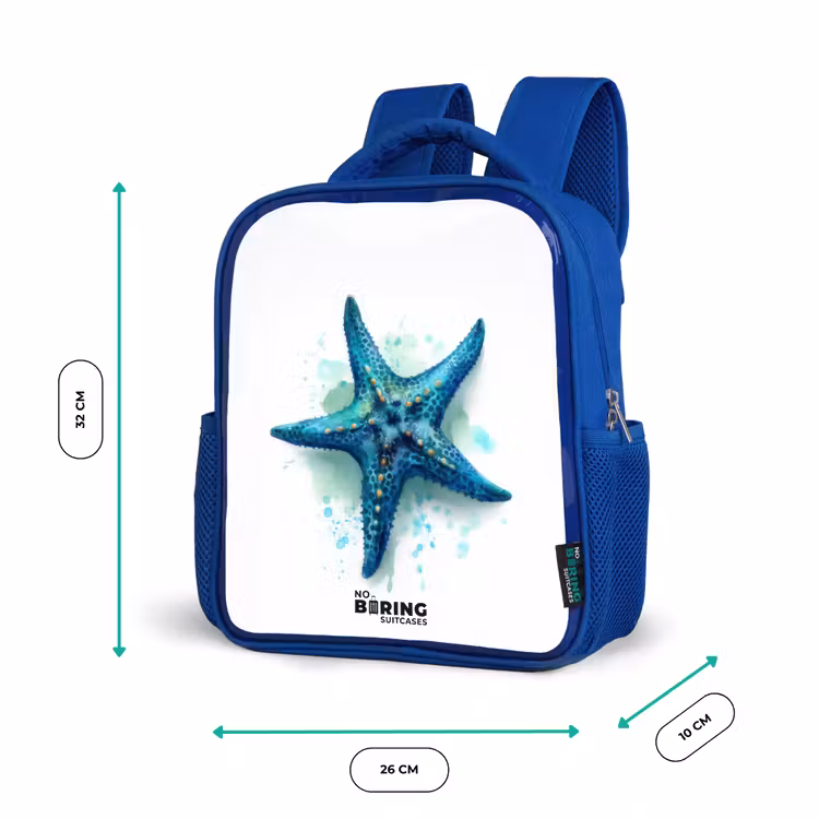 Kinderrugzak met naam - Blauw - Blauwe Zeester op Witte Achtergrond — 6
