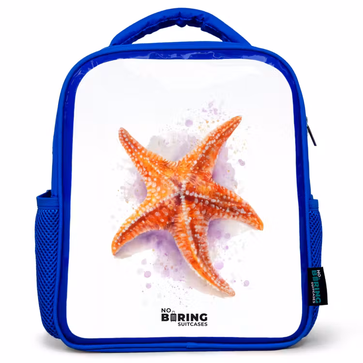 Kinderrugzak met naam - Blauw - Oranje Zeester Illustratie — 1