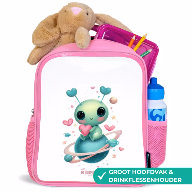 Kinderrugzak met naam - Roze - Lief buitenaards wezentje met hartje — 2