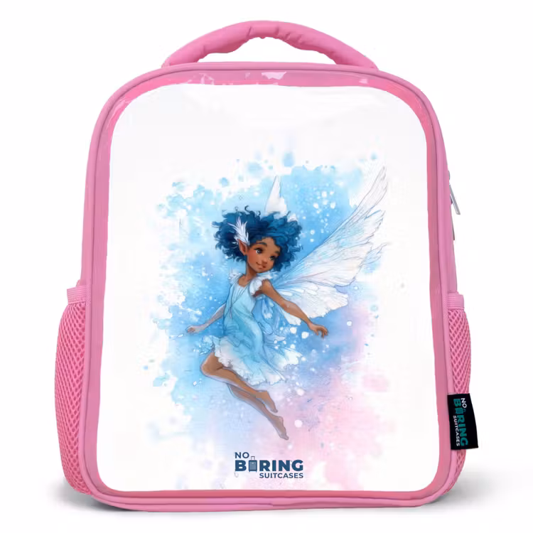 Kinderrugzak met naam - Roze - Vliegende fee in blauwe tinten — 1