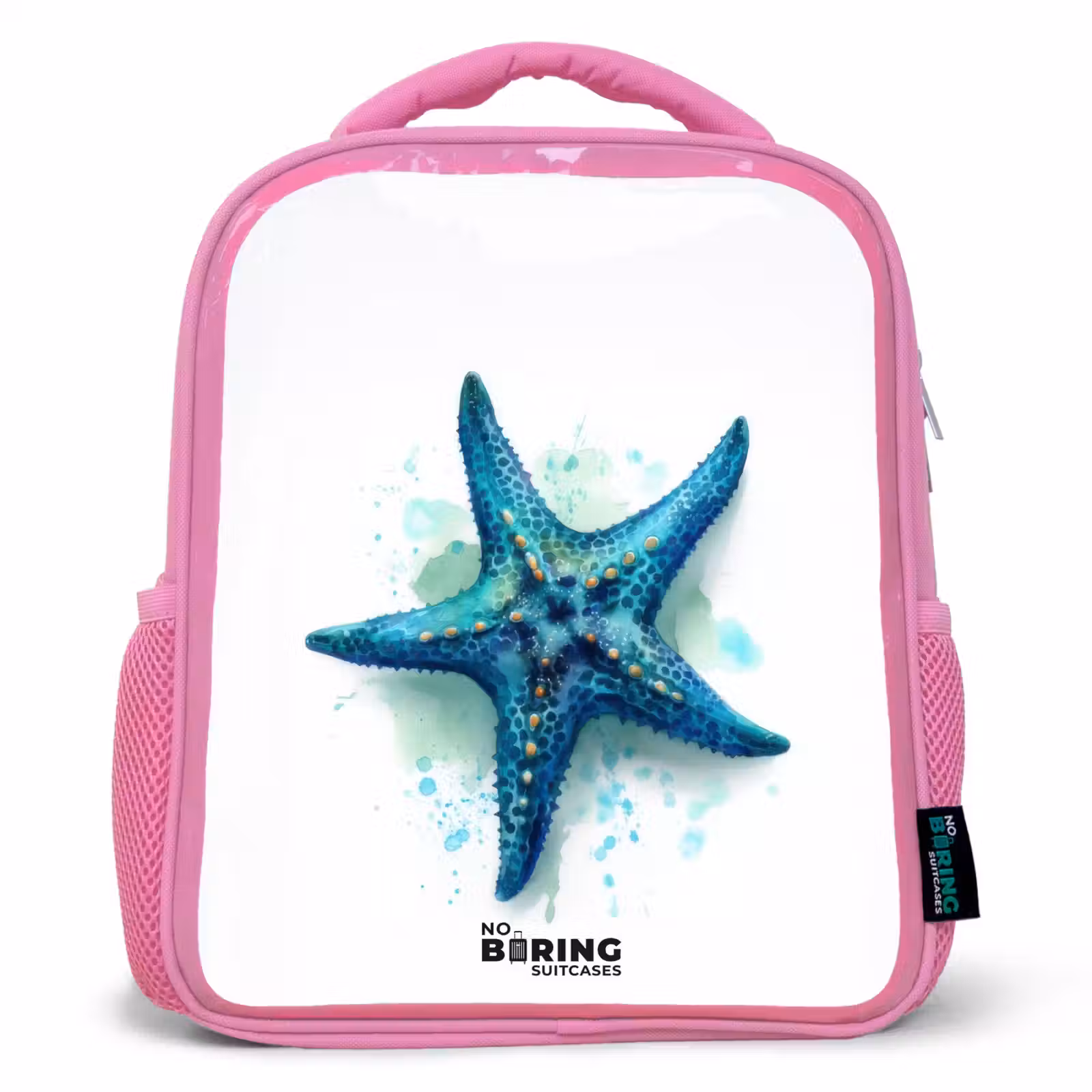 Kinderrugzak met naam - Roze - Blauwe Zeester op Witte Achtergrond — 1
