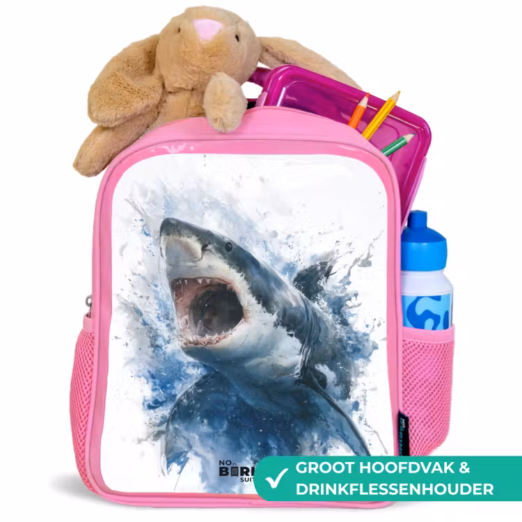 Kinderrugzak met naam - Roze - Aanvallende haai in waterverf — 2