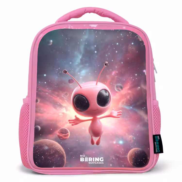 Kinderrugzak met naam - Roze - Roze Alien in Sterrennevel — 1